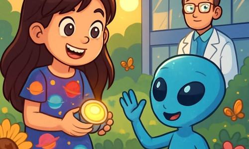 Una niña de 10 años, con largos cabellos castaños y ojos brillantes de curiosidad, se encuentra en un jardín florecido, sonriendo y maravillada. Lleva un vestido colorido con motivos de planetas y sostiene un pequeño dispositivo brillante en sus manos. A su lado, un extraterrestre azul, de pequeña estatura con grandes ojos redondos y piel brillante, la observa con una sonrisa amistosa, levantando los brazos en un gesto de saludo. En el fondo, un hombre de unos 40 años, el jefe de la base de investigación, con gafas y una bata blanca, mira la escena con una expresión sorprendida pero benevolente, de pie cerca de un edificio moderno con paredes brillantes y grandes ventanas. El jardín está lleno de flores coloridas, mariposas revoloteando y una suave luz del sol poniente. La situación principal muestra a la niña y al extraterrestre saludándose alegremente, simbolizando un encuentro amistoso entre dos mundos, rodeados de una atmósfera de magia y descubrimiento.