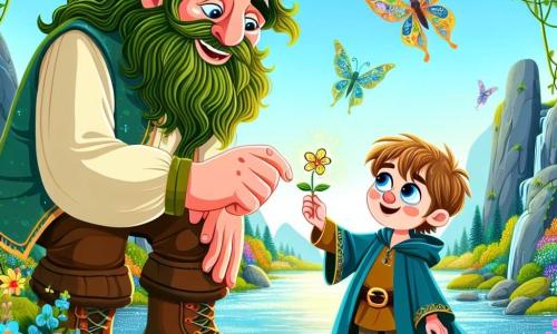 Un gigant prietenos numit Goran, cu o statură mare, păr ondulat de culoare verde și ochi strălucitori de bunătate, se apleacă spre un băiețel pe nume Andrei, în vârstă de 8 ani, care poartă o pelerină albastră și cizme de cauciuc. Andrei, cu părul castaniu deschis și ochii strălucitori de curiozitate, zâmbește uitându-se la gigant, ținând în mână o floare mică magică. Se află pe marginea unei mlaștini minunate, unde vițe verzi și flori colorate se împletesc, în timp ce o ceață ușoară plutește deasupra unui lac strălucitor. Creaturi fantastice, precum fluturi uriași cu aripi multicolore, zboară în jurul lor, adăugând o notă de magie scenei. Situația principală îi arată pe Goran și Andrei descoperind împreună secretul prieteniei veșnice, cu expresii de bucurie și uimire pe fețele lor, în timp ce admiră floarea aurie care strălucește în centrul lacului.