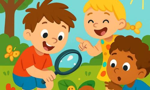 A 4-year-old boy named Max, with messy brown hair and a big joyful smile, is wearing shiny red shoes. He is crouched in a lush garden, holding a magnifying glass that enlarges a small snail on a leaf. Next to him, Mia, a 4-year-old girl with braided blonde hair and a colorful polka dot dress, laughs while pointing at the big snail. Leo, a 4-year-old boy with curly hair and a blue t-shirt, leans in to look through the magnifying glass, his eyes wide with wonder. The garden is filled with colorful flowers, fluttering butterflies, and a well-kept lawn under a clear blue sky. In the background, a large tree provides shade, with sunlight streaming through the leaves. The main scene shows Max, Mia, and Leo laughing together, discovering fun things with the magnifying glass, surrounded by a joyful and friendly atmosphere.