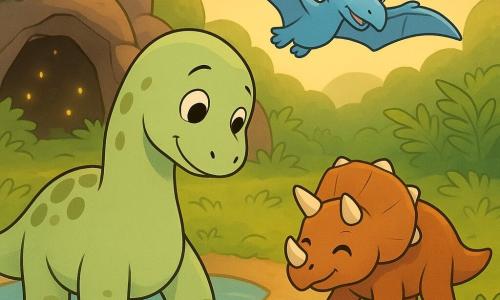 A large gentle round diplodocus with pale green skin and olive spots, big shiny eyes and a shy smile, lowering its head and stepping a foot into a shallow pond with small ripples; a small reddish-brown triceratops with short horns and merry eyes stands on the bank, nudging a pebble with its snout and looking kindly at the diplodocus; a slender light-blue pterodactyl with outstretched wings flies low above, joyfully watching; the calm round pond is surrounded by green ferns and soft moss, golden sunlight sparkles on the water and a nearby cave has yellow fireflies at its entrance; main scene: the diplodocus enters the water under the protective gaze of its friends, warm pastel colors, centered composition suitable for young children.