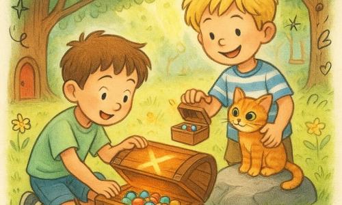 There are three characters: an about-8-year-old boy with short brown hair in a light green T-shirt and denim shorts crouching left and reaching to lift a large wooden chest on a flat stone; another about-8-year-old boy with tousled blond hair in a blue-and-white striped T-shirt standing right, smiling, holding a small box of colorful marbles and petting an orange tabby kitten; the female orange tabby kitten sits center on the stone with wide bright eyes, snuggling the standing boy. The scene is a sunny woodland clearing with short green grass, yellow daisies, tall brown-trunk trees with visible roots, diagonal sunbeams, floating leaves, an old swing in the background and a small red door set in the base of a left-hand tree. The main action: the boys discover a pale X on a warm stone that glows soft golden-orange; the stone pries open to reveal a wooden chest of shiny marbles and colorful stones; mood joyful and amazed, warm colors, soft contrasts, visible textures (veined wood, kitten fur, grass).