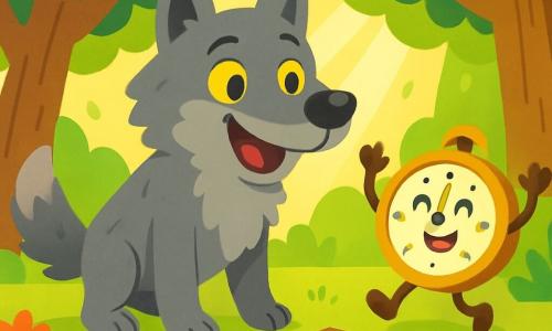 Un gran lobo de pelaje gris y sedoso, con ojos amarillos que brillan de sorpresa y gratitud, está de pie junto a una trampilla abierta en el suelo. Su expresión es alegre y aliviada, mostrando que finalmente es libre. A su lado, un pequeño reloj sonriente, con una esfera dorada y brazos de madera, baila con entusiasmo. Sus ojos redondos brillan de felicidad y levanta los brazos al aire, celebrando la victoria de su amistad. El decorado es un bosque encantado, con árboles de troncos gruesos y hojas verdes brillantes. Flores coloridas salpican el suelo y rayos de sol filtran a través de las ramas, creando una atmósfera cálida y acogedora. La situación principal muestra al lobo, antes temido, ahora liberado de su trampa, sonriendo y agradecido hacia su nuevo amigo, el pequeño reloj, que ha enfrentado peligros para ayudarlo.