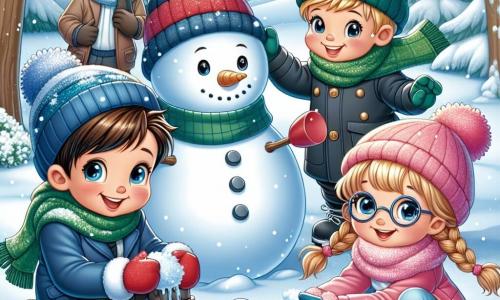 In the foreground, four children are gathered in a snowy park. Jamie, a 10-year-old boy with brown hair and sparkling eyes, is wearing a thick blue coat and a red hat while enthusiastically building a snowman. To his right, Mia, a 9-year-old girl with braided blonde hair and glasses, is playfully throwing a snowball. Lucas, an athletic 11-year-old boy, is sitting on a wooden sled, ready to slide down the hill, with his green scarf fluttering behind him. Finally, Ella, a 10-year-old girl with black hair and rosy cheeks, is admiring the snowflakes falling gently on her hand, dressed in a pink jacket and a pom-pom hat. The setting is a winter park with trees covered in sparkling snow, a large snow mound in the center where the children play, and a snowy hill in the background, perfect for sledding. The sky is a soft gray, sprinkled with slowly falling snowflakes, creating a magical atmosphere. The main scene shows the children having fun together, laughing and playing in the snow, creating joyful memories of a perfect winter day.