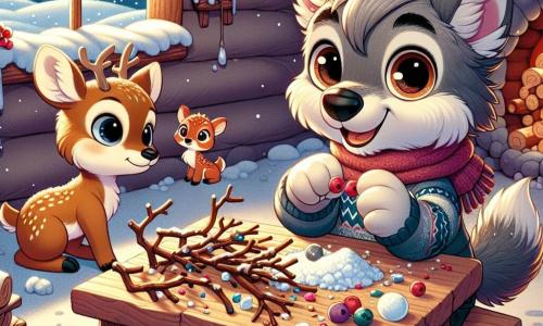 Ein kleiner Wolf namens Wuschel mit grauem Fell und funkelnden Augen sitzt an einem Holztisch in seiner gemütlichen Höhle, umgeben von bunten Materialien, um ein wunderschönes winterliches Kunstwerk zu schaffen. Er lächelt breit, seine Pfoten voller Schnee, während er Zweige und Eiskristalle zusammensetzt. Neben ihm beobachtet Ria, ein kleines Reh mit hellbraunem Fell und großen sanften Augen, ihn staunend, ihre Ohren aufgestellt und ein fröhliches Lächeln im Gesicht. Sie hält einen kleinen Schneeflocken in ihren Pfoten, bereit, ihn zum Kunstwerk hinzuzufügen. Rudi, ein junger Hirsch mit noch kleinen Geweihen, steht etwas im Hintergrund, seine Augen glänzen vor Aufregung, während er rote Beeren aufhebt, die er im Schnee gefunden hat, bereit, sie zum Tisch zu bringen. Die Szene spielt sich in einer gemütlichen Höhle ab, erleuchtet vom sanften Licht eines Holzfeuers, mit Wänden, die mit Schneemustern verziert sind, während draußen sanft Schneeflocken fallen und eine märchenhafte Winterlandschaft schaffen. Wuschel und seine Freunde arbeiten gemeinsam an ihrem Kunstprojekt, lachen und teilen Ideen, während die Außenwelt mit einer dicken Schicht funkelnden Schnees bedeckt ist, was die Magie ihres kreativen Moments verstärkt.