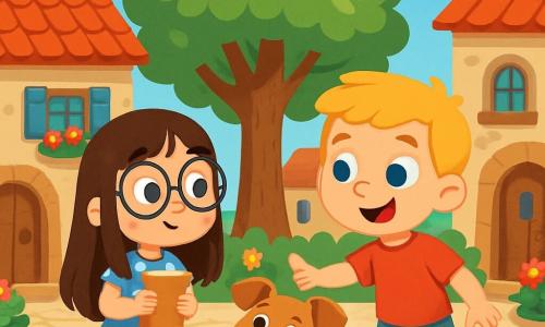 Há 2 personagens principais: - Luna: uma menina de 8 anos com cabelos longos e castanhos e óculos redondos. Ela usa um vestido azul com bolinhas brancas e segura um livro pequeno nas mãos. Ela está à esquerda, com os olhos arregalados de curiosidade. - Davi: um menino de 7 anos com cabelos curtos e loiros. Ele usa uma camiseta vermelha e um short de jeans. Ele está à direita de Luna, sorrindo e apontando para um cachorrinho. O cenário é uma pequena praça medieval, cercada por casas de pedra com telhados de telhas vermelhas. Flores coloridas crescem em jardineiras penduradas nas janelas, e os pavimentos antigos brilham sob o sol. No centro da praça, uma grande árvore com folhas verdes e brilhantes oferece sombra. A situação principal da história mostra Luna e Davi, maravilhados, diante de um cachorrinho com um pequeno lenço vermelho que os observa com olhos brilhantes. Eles acabaram de chegar a esse mundo estranho após ativar uma máquina do tempo e estão prontos para explorar essa nova aventura juntos.