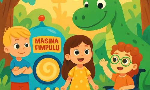 Sunt 3 personaje: - Mara: o fată de 8 ani, cu părul lung și brunet și ochi strălucitori. Poartă o rochie galbenă cu buline și stă în centru, zâmbitoare, privind mașina timpului. - Vlad: un băiat de 7 ani, cu părul scurt și blond, îmbrăcat într-un tricou albastru și o pereche de pantaloni scurți roșii. Este la stânga lui Mara, cu brațele încrucișate, având o expresie curioasă pe față. - Daria: o fată de 6 ani, cu părul creț și ochelari. Este în scaunul ei cu rotile, în dreapta lui Mara, zâmbind și ridicând mâna pentru a saluta dinozaurul. Locul este o pădure preistorică, cu copaci mari cu trunchiuri groase și frunze uriașe care filtrează lumina soarelui. Flori colorate și ferigi luxuriante înconjoară copiii, în timp ce un dinozaur prietenos, cu pielea verde și ochi blânzi, stă aproape de ei, pregătit să se joace. Situația principală arată copiii uimiți în fața mașinii timpului, înconjurați de natura sălbatică, în timp ce se pregătesc să trăiască o aventură incredibilă cu noul lor prieten dinozaur.