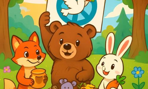 Ein Braunbär namens Bruno, mit weichem und seidig glänzendem Fell, steht in der Mitte der Szene und zeigt einen entschlossenen und wohlwollenden Gesichtsausdruck. Er hält ein großes Blatt Papier, auf dem er eine Friedensbotschaft geschrieben hat, umgeben von seinen Freunden. Zu seiner Rechten schaut ein kleiner weißer Hase namens Hoppel, mit großen Ohren und funkelnden Augen, begeistert und hält eine Karotte in seinen Pfoten. Links lächelt eine schlaue Füchsin, Finja, mit leuchtend orangefarbenem Fell und schelmischen Augen, während sie einen Honigtopf hält. Der Hintergrund ist eine grüne Lichtung, die im goldenen Sonnenlicht erstrahlt, mit majestätischen Bäumen im Hintergrund und bunten Blumen, die im Wind tanzen. Auf dem Boden steht eine große Holzkiste, gefüllt mit Spenden, umgeben von neugierigen kleinen Tieren. Die Szene zeigt Bruno und seine Freunde, die Gegenstände sammeln, um den Menschen im benachbarten Dorf zu helfen, und veranschaulicht so den Geist von Solidarität und Frieden.