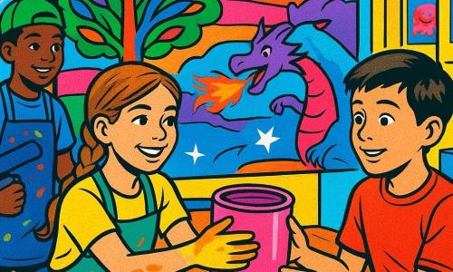 Mila, 12 jaar, glimlachend en vastberaden, lichtbruin gevlochten haar, handen met gele en oranje verf, reikt een grote pot roze verf aan een klasgenoot terwijl ze bij een houten tafel met verfvlekken staat; Bram, ongeveer 11 jaar, verrast en opgelucht, kort bruin haar, zit aan de andere kant van de tafel en accepteert de pot met een verlegen glimlach; Alex, ongeveer 12 jaar, rustig en oplettend, kort donker haar, schildert witte sterren met een fijn penseel naast het grote doek achter Mila; Timo, ongeveer 13 jaar, half geamuseerd half geconcentreerd met een scheef capje, houdt een donkerblauwe roller links van het doek en kijkt speels naar de groep; in een helder atelier met grote ramen staan verfpotten als snoepjes (rood, blauw, groen, zwart, wit, felroze), kartonnen drankjes, beschilderde schorten, een houten vloer met verfsplashes en kinderlijke posters aan de muur; centraal delen de kinderen warm een moment terwijl ze samen een grote banner schilderen met een meerkleurige boom, een roze-oranje zonsondergang en een klein draakje dat roze vlammen spuwt, in een optimistische en inclusieve sfeer.