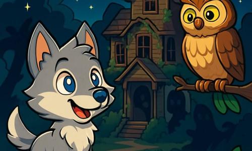 Ein kleiner Wolf namens Lupus mit silbergrauem Fell und leuchtenden Augen steht mutig vor einem alten Herrenhaus. Er zeigt eine Mischung aus Neugier und Aufregung, mit aufgerichteten Ohren und wedelndem Schwanz. Neben ihm sitzt eine weise Eule mit braunen und goldenen Federn, die auf einem Ast sitzt und Lupus mit großen, aufmerksamen Augen ansieht, bereit, ihm Ratschläge zu geben. Im Hintergrund erhebt sich ein altes Holzhaus, das mit grünen Lianen und staubigen Fenstern bedeckt ist, unter einem sternenklaren Nachthimmel, was eine geheimnisvolle Atmosphäre schafft. Die Schatten tanzen um das Haus und bilden faszinierende Silhouetten, die scheinbar Geheimnisse murmeln. Lupus ist entschlossen, das Geheimnis der ihn umgebenden Schatten zu entdecken.