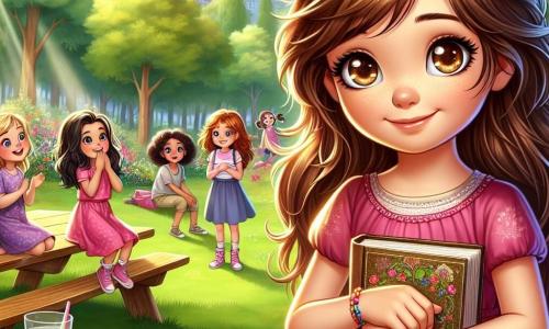 Clara, una niña de diez años con cabello castaño despeinado y ojos brillantes, está en el centro, sonriendo y un poco nerviosa, sosteniendo un libro de cuentos en sus manos. A su derecha, Ana, una niña de cabello largo y rubio, lleva un vestido rosa y mira a Clara con curiosidad, con los brazos cruzados. A la izquierda, Valeria, una niña morena con gafas, está sentada en una mesa de picnic, riendo, mientras Sofía, una niña de cabello rizado y negro, se encuentra de pie detrás de ella, con las manos en las caderas, lista para escuchar la historia.

El escenario se desarrolla en un parque soleado, con grandes árboles verdes y flores coloridas que rodean una mesa de picnic de madera. Niños juegan a lo lejos, y un cielo azul claro aporta un toque alegre a la atmósfera.

La situación principal muestra a Clara, rodeada de sus amigas, revelando que ha inventado una historia sobre un fantasma ladrón de meriendas, mientras sus amigas la escuchan atentamente, con expresiones que van de la sorpresa a la comprensión.