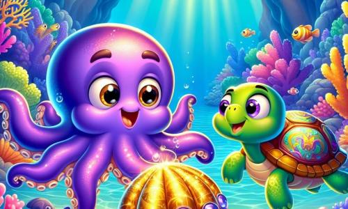 Un pequeño pulpo llamado Octavio, con tentáculos vibrantes de azul y violeta, nada con entusiasmo en una cueva submarina, con sus grandes ojos redondos brillando de emoción. Sostiene una concha dorada brillante en sus tentáculos, iluminada por una suave luz dorada. A su lado, su mejor amiga, una tortuga sabia llamada Tula, con un caparazón verde adornado con patrones coloridos, observa con curiosidad, sus ojos brillando de sabiduría y asombro. Su entorno es una cueva submarina, llena de corales multicolores, peces tropicales que bailan a su alrededor y rayos de luz filtrándose a través del agua, creando una atmósfera mágica. En esta escena, Octavio y Tula descubren juntos el misterio de la concha dorada, listos para resolver la enigma que los llevará a una gran aventura.