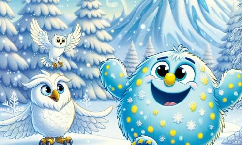 Fluffel, een vrolijk monster dat op een grote sneeuwbal lijkt, met een zachte blauwe huid bezaaid met gele vlekken, danst enthousiast in de sneeuw, zijn gezicht straalt van geluk en zijn grote ronde ogen fonkelen van nieuwsgierigheid. Naast hem observeert de wijze sneeuwuil, een uil met witte en zilveren veren, met een welwillende glimlach, zijn ogen stralen van intelligentie, terwijl hij lichtjes boven Fluffel zweeft, klaar om hem te begeleiden in zijn avontuur. De achtergrond is een prachtige ijzige berg, met fonkelende toppen in de zon, sneeuwvlokken die zachtjes om hen heen vallen, en bomen bedekt met ijscrystals die schitteren als diamanten. De scène toont Fluffel en de sneeuwuil die zich voorbereiden om de mysterieuze grot te verkennen die verborgen is achter een ijswaterval, waar ze hopen het geheim te ontdekken om de magie van de sneeuw te redden die begint te verdwijnen.