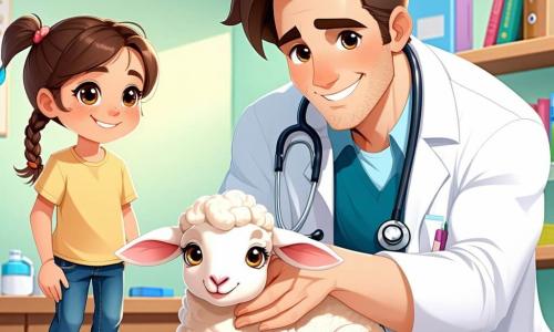 Un veterinario uomo di circa trent'anni, con capelli castani disordinati e un sorriso caloroso, si china con attenzione su un agnello piccolo dagli occhi brillanti, seduto su una coperta morbida. Indossa uno stetoscopio al collo e un camice bianco, leggermente macchiato di terra, a testimonianza del suo impegno. Accanto a lui, una bambina di otto anni, con capelli biondi intrecciati, osserva con curiosità, le mani sui fianchi, meravigliata dalla scena. La clinica veterinaria è luminosa e accogliente, con pareti dipinte di verde pastello, scaffali pieni di libri sugli animali e manifesti colorati di diverse specie appesi alle pareti. Sullo sfondo, una finestra lascia entrare la luce del sole, illuminando i giocattoli per animali sparsi sul pavimento. La situazione principale mostra il veterinario che esamina l'agnello ferito, pronto a fornirgli cure, mentre la bambina, piena di speranza, attende con impazienza di vedere come lo aiuterà.