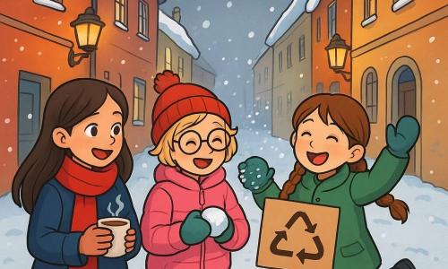 Ci sono 3 personaggi: - Camilla: una ragazza di 10 anni, con lunghi capelli castani e occhi scintillanti. Indossa una sciarpa rossa e un cappotto blu, tenendo una tazza di cioccolata calda tra le mani. - Sofia: una ragazza di 10 anni, con capelli biondi corti e occhiali rotondi. Indossa un piumino rosa e un berretto con pompon, mentre scuote la neve dai suoi guanti. - Aurora: una ragazza di 10 anni, con capelli castani e trecce. Indossa un cappotto verde e stivali neri, saltellando felicemente nella neve. Le tre ragazze sono insieme al centro di un vicolo stretto, circondate da case antiche dai colori vivaci. La neve copre il terreno come un morbido tappeto bianco, e fiocchi scendono dolcemente dal cielo grigio. Lampioni dorati illuminano la scena, creando un'atmosfera calda e magica. Le ragazze stanno raccogliendo rifiuti nella neve, con espressioni determinate e gioiose. Camilla tiene un piccolo cartello fatto a mano, mentre Aurora e Sofia ridono e chiacchierano, circondate da fiocchi di neve che danzano attorno a loro.