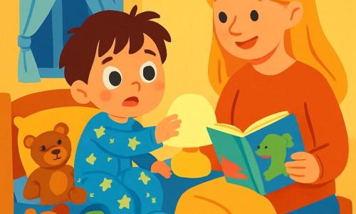 Un bambino di 2 anni, con capelli castani disordinati e grandi occhi rotondi, guarda con un'espressione curiosa e un po' spaventata. È seduto sul letto, circondato da peluche colorati, indossando un pigiama blu a stelle. La sua manina tesa verso una lampada morbida illumina il suo viso. Sua madre, una donna di circa 30 anni con lunghi capelli biondi, è seduta accanto a lui, sorridendo con tenerezza. Indossa un maglione comodo e tiene un libro illustrato, pronta a raccontargli una storia. La scena si svolge in una cameretta accogliente, con pareti dipinte in tonalità pastello e tende leggere che fluttuano dolcemente. Giocattoli sono sparsi sul pavimento e una luce soffusa proviene dalla lampada, creando ombre danzanti sui muri. Il bambino, un po' preoccupato nell'oscurità, chiede alla mamma di leggergli una storia per scacciare la paura del buio, mentre la luce rassicurante della lampada illumina il loro momento insieme.