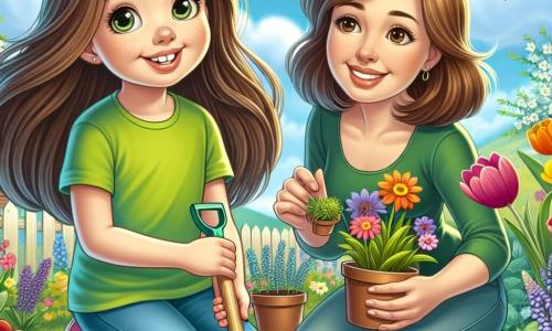Ein 10-jähriges Mädchen, Lia, mit langen braunen Haaren und neugierigen Augen, steht im Mittelpunkt des Bildes, lächelnd und voller Energie. Sie trägt ein leuchtend grünes T-Shirt und eine Jeans, während sie eine kleine Plastikschaufel hält, bereit, Blumen in ihrem Garten zu pflanzen. Neben ihr kniet ihre Mutter, eine Frau in ihren Dreißigern mit braunen Haaren und einem warmen Lächeln, und hält einen Topf mit bunten Blumen, bereit, ihrer Tochter zu helfen. Im Hintergrund ist der Garten ein wahres Frühlingsbild, gefüllt mit leuchtenden Blumen in lebhaften Farben, wie roten Tulpen, gelben Narzissen und Veilchen. Schmetterlinge fliegen herum, und ein heller blauer Himmel mit einigen sanften weißen Wolken vervollständigt diese fröhliche Szene. Die Hauptsituation zeigt Lia und ihre Mutter, die gemeinsam Blumen pflanzen, was den Beginn eines schönen Frühlingsabenteuers und ihre besondere Verbindung durch die Gartenarbeit symbolisiert.