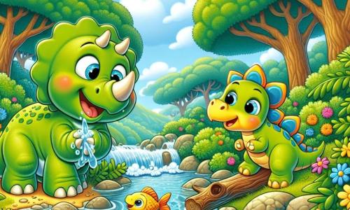 Un triceratops llamado Tito, con piel verde brillante y tres cuernos relucientes, se encuentra alegremente al borde de un arroyo, bebiendo agua fresca. Sus ojos brillan de emoción y su amplia sonrisa refleja su buen humor. A su lado, un pequeño estegosaurio llamado Estela, con placas coloridas en su espalda y una expresión curiosa, observa peces coloridos saltando en el agua. Un poco más lejos, un joven dinosaurio llamado Dino, con piel amarilla y ojos llenos de gratitud, es liberado de las ramas de un árbol. El escenario es una isla exuberante, llena de majestuosos árboles verdes, flores vibrantes y un cielo azul salpicado de nubes blancas. La situación principal muestra a Tito y Estela ayudando a Dino a liberarse, todos juntos en un momento de amistad y solidaridad, rodeados por la belleza de la naturaleza.