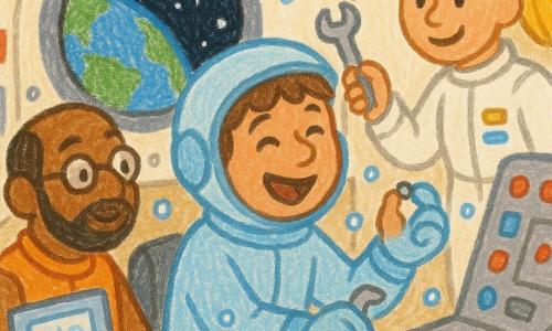 Un uomo, Luca, sorridente in tuta spaziale blu chiaro con casco mezzo sollevato, capelli castani e occhi ridenti, rimette una piccola vite argentata in un pannello grigio mentre piccole gocce d'acqua sferiche fluttuano; una collega astronauta bionda con coda di cavallo in tuta bianca con patch colorati gli porge una chiave inglese stando dietro a destra; un ingegnere con barba leggera e occhiali tondi in panciotto arancione è seduto a una console a sinistra mostrando un disegno tecnico su schermo; interno di un piccolo cockpit dalle forme arrotondate, pareti crema, pannelli grigi, pulsanti rossi e blu e un grande oblò con la Terra blu e stelle, atmosfera calda e rassicurante, stile matita, colori pastello e tratti semplici e gioiosi.