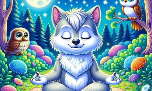 Een kleine wolf genaamd Lupio, met een zachte en zilveren vacht, zit vredig op een tapijt van stralende bloemen, zijn ogen glanzend van sereniteit en geluk. Hij ademt diep in, met een lichte glimlach op zijn gezicht, zijn armen omhoog in meditatiepositie. Dichtbij zit een kleine uil genaamd Nestor, met bruine veren en ronde, nieuwsgierige ogen, zittend op een lage tak en kijkend naar Lupio met een welwillende en blije uitdrukking. Het decor is een betoverde vallei, verlicht door het zachte maanlicht, waar heldere bloemen glinsteren als sterren op de grond. Majestueuze bomen omringen de scène, hun bladeren dansend in de wind, wat een vredige en magische sfeer creëert. Lupio mediteert rustig, omringd door de schoonheid van de natuur, terwijl de sterrennacht het landschap omhult in een zachte rust, uitnodigend tot dromerigheid en innerlijke vrede.