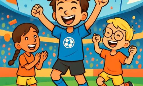 Un joven llamado Mateo, de unos 12 años, está en el centro de la imagen. Tiene el cabello castaño desordenado, una gran sonrisa de alegría y ojos brillantes de emoción. Lleva una camiseta azul brillante con el logo de su equipo, pantalones cortos negros y zapatos de fútbol blancos. Mateo está celebrando un gol, con los brazos levantados al cielo, rodeado de sus compañeros. A su derecha, Julián, otro chico de 12 años con cabello rubio y gafas, salta de alegría con los puños apretados. A su izquierda, Marta, una niña de 11 años con largas trenzas castañas, aplaude con una gran sonrisa, sus ojos brillando de admiración. Ambos lo animan, de pie en el césped verde del campo. El lugar es un estadio lleno de espectadores entusiastas, con banderas ondeando y globos de colores. Las gradas están abarrotadas y la atmósfera es electrizante, con gritos de alegría y aplausos. La situación principal muestra a Mateo marcando un gol decisivo, celebrando con sus amigos e inspirando a los jóvenes aficionados en las gradas, todos compartiendo un momento de felicidad y emoción.
