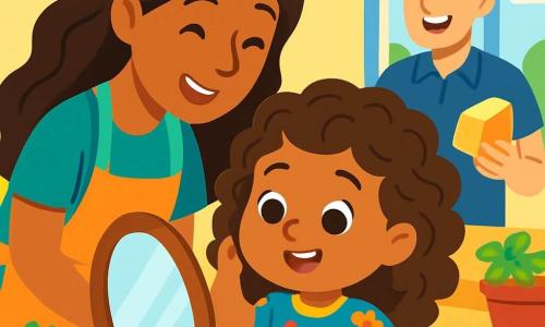 A 4-year-old girl, Mila, with beautiful curly brown hair, joyfully smiles at a mirror. Her eyes sparkle with curiosity and wonder. She wears a colorful dress with flower patterns. Next to her, her mother, a woman of Latin American descent with long wavy hair, leans toward Mila with a warm smile, sharing a tender moment in the kitchen. Mila's father, a European man with short blonde hair, enters the kitchen holding bread and cheese, smiling at his daughter and wife, adding joy to the scene. The kitchen is bright and welcoming, with light yellow walls, a wooden table laden with colorful dishes, and windows letting in sunlight. Fresh herbs and fruits are arranged on the countertop. The main scene shows Mila asking questions about her curly hair, surrounded by her parents, who explain the beauty of diversity and their family. The atmosphere is joyful and full of love, illustrating the importance of celebrating differences.