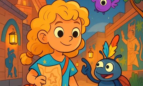 Ninsun, a young girl with curly golden hair, wears a sky-blue tunic adorned with star-shaped patterns. She has sparkling eyes full of curiosity and a determined smile, holding a magical map in one hand and a small backpack in the other. Beside her, Bob, a talking beetle with a shiny shell and a colorful feathered hat, observes her with an amused expression, ready to make a joke. The setting is a bustling alley in the city of Uruk, lined with majestic ziggurats illuminated by twinkling lanterns. Clay brick walls are covered with colorful murals depicting gods and mythical creatures. The main scene shows Ninsun and Bob on a quest, scanning the ground for the famous magical sandals of Enki, while a small three-eyed purple messenger floating beside them points to a mysterious direction. The atmosphere is both exciting and full of mystery, with a gentle breeze making the leaves of the trees dance.