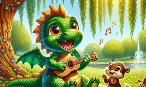 An illustration depicts a young dragon with emerald scales and golden fur, sparkling with joy in its eyes. It sits on a picnic blanket, a big smile on its face, holding a small wooden guitar, ready to sing a song for its father. Next to it, a small brown squirrel with bright eyes, showing an amused and enthusiastic expression, claps with its tiny paws while sitting on the blanket. A fluffy, glowing cloud with a smiling face floats above them, adding a touch of magic to the scene. The main setting is a lush park bathed in golden light, featuring a large weeping willow with gently drooping branches, creating a warm and welcoming atmosphere. Colorful flowers dot the grass, and children's laughter echoes in the background. The main situation shows the young dragon singing a sweet melody to celebrate Father's Day, surrounded by friends gathered to share a moment of happiness and love. Additional graphic elements include brightly colored garlands hanging from the willow branches, a picnic basket overflowing with treats, and floating balloons in the sky, symbolizing joy and celebration.