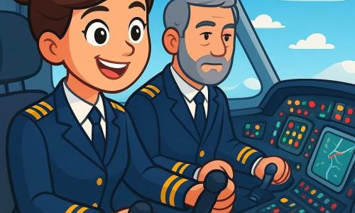 Uśmiechnięta pilotka z brązowymi włosami związanymi w kok nosi granatowy mundur z złotymi pagonami. Jej oczy błyszczą ekscytacją i determinacją, gdy trzyma stery dużego białego samolotu z długim dziobem i rozpostartymi skrzydłami. Obok niej stoi starszy mężczyzna, kapitan, z siwymi włosami i zadbaną brodą, który z poważnym wyrazem twarzy obserwuje instrumenty pokładowe, gotowy do pomocy. Kabina jest wypełniona migającymi światłami, kolorowymi przyciskami i ekranami wyświetlającymi mapy lotu. Na zewnątrz niebo jest jasnoniebieskie, z kilkoma puszystymi białymi chmurami, a poniżej widać zielone góry i złote pola. Główna sytuacja pokazuje pilotkę przejmującą kontrolę nad samolotem, gotową do startu, z poczuciem radości i odpowiedzialności, podczas gdy przygotowują się do przelotu nad pięknym krajobrazem.