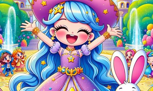 La princesa Lunaluna, una niña de unos 10 años, tiene el cabello largo y brillante de color azul, y lleva un vestido lila adornado con estrellas doradas. Muestra una gran sonrisa alegre, con los ojos chispeantes de malicia, mientras se encuentra en el centro del escenario, levantando los brazos con entusiasmo. A su lado, Rabo-Rápido, un pequeño conejo blanco con grandes orejas rosas, hace muecas cómicas, con las patas levantadas como si estuviera bailando, añadiendo a la atmósfera festiva. El escenario se sitúa en la hermosa plaza del reino encantado de Risalandia, donde árboles de hojas multicolores rodean una fuente brillante y flores gigantes de colores vivos. Niños ríen y aplauden a su alrededor, mientras aves coloridas vuelan en el cielo azul. La situación principal muestra a Lunaluna usando un sombrero mágico, contando chistes y haciendo trucos de magia, provocando risas entre todos los habitantes del reino, creando una atmósfera de alegría y felicidad contagiosa.