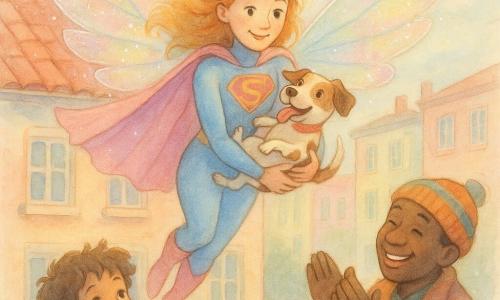 A radiant female superhero with a gentle smile and bright eyes, wearing a sky-blue and pastel-pink costume and large translucent rainbow wings, flying down from a red-tiled roof to hand a small spotted dog to a delighted six-year-old boy with tousled brown hair who stands on the sidewalk applauding; a smiling man in a colorful hat and coat applauds beside the boy; the relieved dog is held against the heroine’s chest; light-blue sky with fluffy clouds, soft sunbeams and pastel building facades create a joyful, reassuring rescue scene.