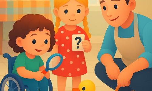 The image features three main characters: a little girl named Mia, about 3 years old, with curly brown hair, sitting in a small blue wheelchair, holding a colorful plastic magnifying glass. She is on the left side of the image. Another little girl named Lulu, around 4 years old, with blonde hair in braids, wearing a red dress with white polka dots, stands next to Mia. She is in the center of the image, holding a small clue card. An adult man, their father, with brown hair and wearing a kitchen apron, is crouched on the right side of the image, holding a wooden spoon. The setting is a bright and welcoming kitchen with pastel walls and a light-tiled floor. A wooden table is visible in the background, with a bowl of oatmeal and a small colorful tablecloth. The main situation shows Mia and Lulu discovering a yellow plastic duck, wearing a towel as a cape, on the kitchen floor. The duck is surrounded by small water droplets, adding a touch of mystery and fun to the scene.
