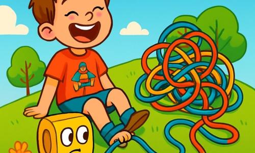 A 6-year-old boy named Bobby, with messy brown hair and a big joyful smile, is sitting on a rolling hill, laughing heartily. He wears a bright red t-shirt with a superhero design and blue shorts. Beside him is a small measuring tape named Timmy, with round eyes and a shy face, determinedly measuring the tangled cables. The landscape features a green hill dotted with colorful flowers and shiny-leaved trees under a bright blue sky with a few fluffy clouds. At the top of the hill, multicolored cables are intertwined like dancing snakes, waiting to be untangled. Bobby and Timmy are working together to unravel the cables, sharing laughter and enthusiastic gestures, creating a joyful and playful scene full of vibrant colors and energy.
