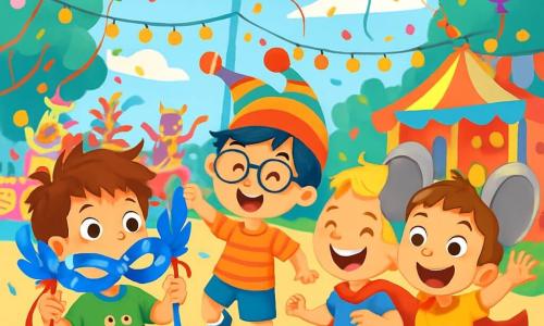 There are 4 children: Max, a 6-year-old boy with messy brown hair wearing a green t-shirt with a funny frog, holding a magical mask with blue feathers and red ribbons, smiling in wonder; Samir, a 6-year-old boy with black hair and glasses, wearing a colorful hat with bouncing pom-poms, joyfully dancing next to Max; Benji, a 6-year-old boy with blonde hair wearing a flowing red cape, making funny dance moves and laughing out loud; and Luca, a 6-year-old boy with brown hair wearing felt elephant ears, jumping in the air with a big smile, ready to catch balloons. The scene takes place in a vibrant carnival park filled with bright colors, with multicolored balloons floating in the blue sky, twinkling lights in the trees, and brightly decorated candy stands. In the background, a joyful parade advances with dancers in flamboyant costumes and floats decorated with giant candies. The main situation shows the four friends dancing and laughing together amidst the celebration, surrounded by floating balloons and falling confetti, filled with joy and energy, enjoying the magic of the carnival.