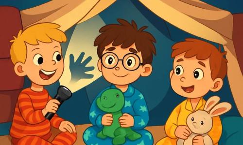 There are three characters: Leo, an 8-year-old boy with messy brown hair and round glasses, wearing a blue dinosaur pajama, sitting in the center holding his green stuffed dinosaur, Rexy; Max, an 8-year-old boy with blond hair and a big smile, wearing a red striped pajama, to the left of Leo, making a hand shadow on the wall with his flashlight; and Oliver, an 8-year-old boy with brown hair and freckles, wearing a yellow pajama with stars, to the right of Leo, holding his stuffed rabbit, Mr. Flop, and curiously watching the shadows on the wall. The setting is a cozy living room with a large fluffy rug and colorful cushions scattered around. Glowing stars shine on the ceiling, creating a magical atmosphere. A big fort made of cushions and blankets stands in the center, with soft light from the boys' flashlights. The main scene shows the three friends sitting in their fort, laughing and playing with the shadows created by their flashlights, immersed in their imaginary adventure, turning the fear of the dark into a moment of joy and camaraderie.
