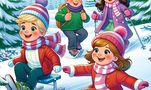 In a magical winter landscape, four children are playing together. Oliver, a seven-year-old boy with blond hair and blue eyes, wears a bright red coat and a striped scarf, joyfully sliding down a small snowy slope. Next to him, Mia, a seven-year-old girl with brown hair and rosy cheeks, wears a pink hat with a pom-pom and a purple coat, laughing as she tries to balance on her skis. 

A little further away, Jake, a seven-year-old boy with brown hair and great confidence, is dressed in a green jacket and black pants, preparing to descend the slope with a big smile on his face. Finally, Leo, a seven-year-old boy with black hair and a bright smile, is in his adapted ski wheelchair, wearing a blue suit, ready to take his turn on a small snow ramp next to the others.

The setting is a hill covered with a thick layer of sparkling snow, surrounded by snow-laden fir trees, under a clear blue sky where colorful auroras dance. The children are surrounded by laughter and joy, enjoying a magical winter day full of adventures and friendship.
