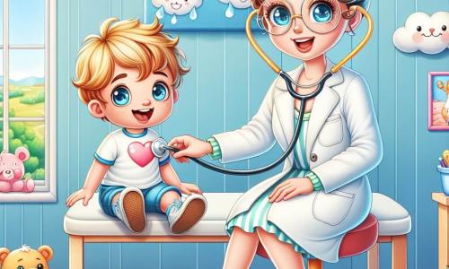 A doutora Sofia é uma mulher sorridente, com cabelos cacheados castanhos, vestindo um jaleco branco que parece uma nuvem. Ela tem olhos brilhantes de bondade e segura um estetoscópio em forma de coração, examinando um menino chamado Pedro, que tem cerca de 6 anos, cabelos loiros e olhos azuis. Pedro, sentado em uma cadeira, sorri alegremente, balançando as pernas no vazio, enquanto olha para a doutora com admiração. O cenário é um consultório médico colorido, com paredes pintadas de azul claro, decoradas com desenhos de animais e arco-íris, criando uma atmosfera acolhedora e alegre. Brinquedos e livros infantis estão espalhados pela sala, adicionando um toque lúdico. A situação principal mostra a doutora Sofia ouvindo o coração de Pedro com seu estetoscópio, explicando suavemente que ele logo se sentirá melhor. A atmosfera é calorosa e reconfortante, ilustrando a confiança entre o médico e seu jovem paciente.