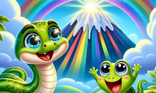 Um serpente chamado Serpentino, com escamas verdes brilhantes e olhos curiosos, está no topo de uma montanha colorida, expressando alegria e admiração. Ao seu lado, um pequeno sapo chamado Jujuba, com pele verde e grandes olhos redondos, salta de excitação, pronto para celebrar sua descoberta. Ao fundo, a montanha do Arco-Íris se ergue majestosa, iluminada por raios de sol que criam um arco-íris vibrante, enquanto nuvens fofas flutuam em um céu azul brilhante. A cena transmite uma atmosfera de magia e aventura, capturando o momento em que Serpentino e Jujuba descobrem a luz mágica que brilha no topo da montanha.