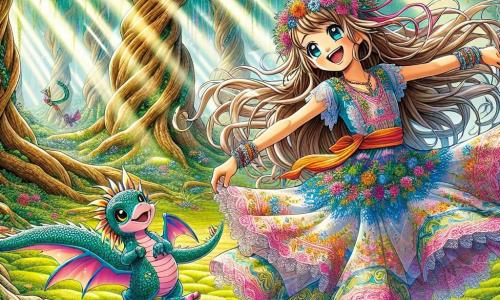 Aiko, o tânără cu părul lung și mătăsos, îmbrăcată într-o rochie colorată împodobită cu flori, dansează fericită într-o poiană însorită, cu fața strălucind de bucurie. Ea ține un buchet de flori strălucitoare în mâini, iar privirea ei reflectă determinarea de a trăi o mare aventură. Lângă ea, Kaito, un dragon miniatural cu solzi strălucitori de culoare turcoaz, zboară în cercuri în jurul ei, încurajând-o cu entuziasm. Scena are loc într-o pădure magică, cu copaci majestuoși și flori multicolore dansând în vânt. Aiko și Kaito se pregătesc să execute un spectacol de dans pentru o mare pasăre magică, căutând să-și dovedească valoarea și să obțină ajutorul necesar pentru a-și salva regatul.