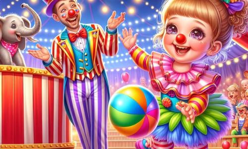 O fetiță de 2 ani, Ana, cu ochi mari și strălucitori și obraje roz, poartă un costum de clown colorat, cu un nas roșu și pantofi prea mari. Râde cu poftă, ținând o minge mare și colorată care sare vesel la picioarele ei. Lângă ea, un clown jovial, de aproximativ 30 de ani, cu fața vopsită în alb și un zâmbet mare, poartă un costum cu dungi multicolore și un joben. Aplaudă și o încurajează pe Ana să se joace. Un elefant miniatural, cu o trompă grațioasă și urechi mari, stă în apropiere, dansând cu entuziasm și balansându-și trompa din stânga în dreapta. Scena are loc sub un mare cort de circ, cu dungi roșii și albe, plin de lumini strălucitoare și baloane colorate care plutesc în aer. Spectatorii, copii și adulți, stau pe bănci de lemn, râzând și aplaudând. Situația principală o arată pe Ana distrându-se cu clownul și elefantul, aruncând mingea în aer, în timp ce clownul face grimase și elefantul dansează vesel, creând o atmosferă festivă și veselă.