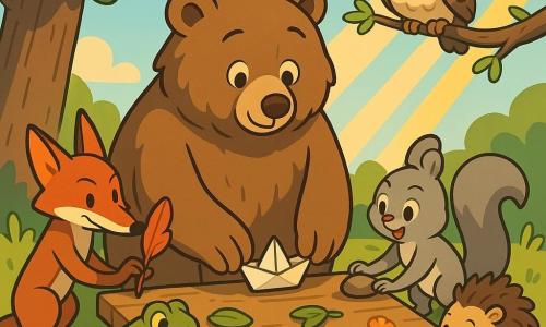 A fluffy brown bear with a warm, serene expression sits before a wooden board and gently replaces a small paper boat with its paws while a sly red fox to the left affixes a red feather, a cheerful gray squirrel to the right holds an excited paper boat, a shiny green frog near a puddle places a wet stone on the board, a timid brown hedgehog touches the board with its paw to help stabilize it, and a small round owl perched on a branch above holds a tiny drawing of stars in a sunlit clearing with grass, a large oak behind the board, golden rays, a few flowers and a small puddle; after a gust of wind scattered their items, the friends are calmly and collaboratively restoring feathers, leaves, stones and drawings to the board, in warm colors with visible textures like grained wood, fluffy fur, silky feathers and a crumpled leaf.