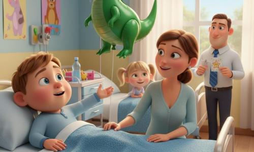 An 8-year-old boy with a round face and short light brown hair, eyes wide and bright, looks relieved and amazed as he sits in a hospital bed under a soft blanket, one hand held by his mother and the other reaching for a large green dinosaur balloon; his mother, about 35, with tied brown hair and a reassuring smile, sits on the right edge of the bed holding his hand and looking at him affectionately; a nearby 6–7-year-old girl with blonde pigtails and curious smiling eyes leans over the bed rail to listen; a doctor in his 40s stands at the door wearing a patterned blue tie and a warm confident expression while holding a small congratulatory card; the room is bright and cozy with pastel blue and yellow walls, large windows with soft light, colorful animal posters, a discreet medical trolley with a water bottle and toy box, light curtains and light wood flooring; scene: tender joyful moment of waking and comfort after surgery, focused on the boy and the dinosaur balloon, warm lighting, soft contrasts and textured details like a fluffy blanket and shiny balloon with slightly shimmering skin and hair as in a 3D animated film.