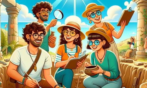 En primer plano, una joven arqueóloga llamada Sofía, de unos 28 años, aparece con cabello castaño ondulado, un sombrero de paja y gafas de sol. Tiene una sonrisa radiante, llena de emoción y curiosidad, mientras sostiene un pequeño cepillo y un cuaderno, lista para descubrir un tesoro escondido en la tierra. A su lado, Miguel, un hombre de unos 30 años con cabello corto y una barba ligera, se inclina sobre un fragmento de cerámica, con los ojos brillantes de entusiasmo. Lleva una camisa de manga corta y un pantalón corto, concentrado en su trabajo, rodeado de piezas de alfarería. Un poco más lejos, Elena, una joven de 22 años con cabello rubio recogido en una coleta, toma fotos con una cámara, su rostro iluminado por una gran sonrisa. Viste una camiseta colorida y pantalones ligeros, y se encuentra en una pequeña colina, capturando cada momento de esta aventura. El escenario es un sitio arqueológico soleado, con ruinas antiguas al fondo, piedras esparcidas y plantas verdes que crecen entre las grietas. El cielo es de un azul brillante, salpicado de algunas nubes blancas esponjosas, y la luz del sol ilumina la escena, creando una atmósfera alegre y dinámica. La situación principal muestra a Sofía descubriendo un antiguo mural en una cueva, rodeada de sus amigos, todos cautivados por la belleza y el misterio del arte antiguo, maravillándose de las historias que estas descubrimientos podrían revelar.