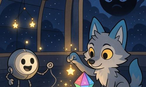 Un pequeño lobo guardián (loulou-loup) de pelaje gris con puntas azuladas y ojos dorados, ajusta con cuidado una pequeña lámpara estelar junto a un cristal luminoso; Píxel, un orbe mecánico redondo con patas finas y cuerpo metálico pulido, sonriente y emitiendo pequeños destellos, reparte mini-lámparas y sostiene un hilo de plata junto al lobo; fuera, a través de grandes ventanas en cúpula, se perfila una sombra circular azul noche de bordes difusos, el Cometa Hueco; todo ocurre en un amplio observatorio interior con suelos espejados que reflejan constelaciones, cúpulas plateadas, un antiguo telescopio con runas y espejos flotantes en cobre unidos por hilos de plata; el lobo y el robot colocan cientos de lámparas alrededor del Corazón de Prisma, un cristal multicolor flotante, y los espejos multiplican la luz creando un velo que ahuyenta la sombra del cometa.