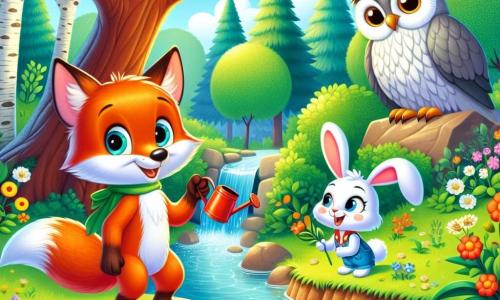 A bright orange fox named Felix, with shiny fur and a fluffy tail, looks on with sparkling eyes of excitement, standing on a rock by a sparkling stream. Next to him, an adorable white rabbit named Bella, with big ears and round eyes, smiles joyfully while holding a small watering can, ready to water the young trees they just planted. In the background, a wise old owl named Oliver, with gray feathers and wise eyes, watches them from a branch, displaying a proud and encouraging expression. The setting is a lush forest filled with majestic trees, colorful flowers, and a stream shimmering in the sunlight. The scene depicts Felix and Bella celebrating their success after cleaning the stream and planting trees, surrounded by vibrant and lively nature.
