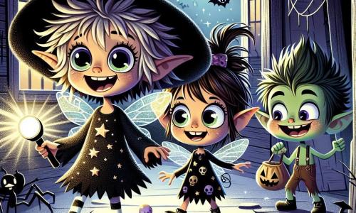 Fizzle, a small sprite with sparkling wings, is at the center of the image, wearing an excited smile. His messy hair shines like stars as he holds a flashlight lighting his way. Next to him, Lila, a young witch with an oversized pointed hat, laughs joyfully, her eyes sparkling with curiosity. She wears a black dress adorned with bat patterns and holds a sparkling wand. Gus, a small goblin with green skin and pointed ears, stands slightly back, laughing while holding a bag full of candies, his face showing slight nervousness but also determination. The setting is an old haunted house with cracked wooden walls, cobwebs in the corners, and windows with flapping shutters. The moon shines in the night sky, casting silver light on the ground, while shadows dance around them, creating a mysterious and magical atmosphere. The main scene shows Fizzle, Lila, and Gus preparing to enter the haunted house, their hearts racing with excitement and fear, ready to face the mysteries and adventures awaiting them inside.