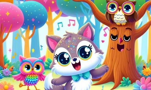 Un piccolo lupo adorabile, di nome Lupo Lollipop, con un pelo morbido e colorato, occhi brillanti di curiosità e un grande sorriso, danza gioiosamente in una foresta incantata, circondato da alberi dai tronchi multicolori che sembrano muoversi al ritmo della musica. Accanto a lui, un albero gigante con rami a forma di braccia, sorridente e agitando le sue foglie, incoraggia Lupo a danzare, mentre un gufo saggio, appollaiato su un ramo, osserva la scena con aria divertita e occhiali tondi sul naso. La foresta è piena di colori vivaci, con fiori giganti che cantano e farfalle dalle ali scintillanti che volano attorno a loro. La scena principale mostra Lupo Lollipop mentre danza con entusiasmo, creando un'allegra confusione, mentre gli altri animali della foresta si radunano attorno a loro, ridendo e applaudendo, pronti a unirsi alla festa.