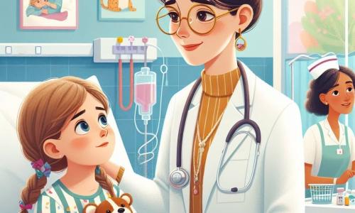 La scena mostra la dottoressa Sofia, una donna di circa trent'anni, con i capelli castani raccolti in uno chignon e occhiali rotondi. Indossa un camice bianco e ha un sorriso caloroso sul volto, che esprime empatia e determinazione. È accovacciata accanto a una bambina, Giulia, di cinque anni, che è sdraiata su un letto d'ospedale. Giulia ha lunghi capelli biondi e occhi azzurri, guarda Sofia con un misto di preoccupazione e speranza, tenendo un peluche tra le braccia. Nella stanza si vede un'infermiera, una donna di vent'anni, con i capelli corti e un'uniforme colorata, che prepara dei farmaci su un tavolo vicino. L'ospedale è luminoso e accogliente, con pareti dipinte di colori pastello, disegni di animali e giocattoli sparsi, creando un'atmosfera rassicurante per i bambini. La situazione principale mostra Sofia mentre rassicura Giulia, tenendole la mano con dolcezza, mentre le spiega il trattamento che riceverà. L'espressione di Sofia è piena di compassione, mentre Giulia sembra iniziare a rilassarsi, pronta ad affrontare la sua paura.