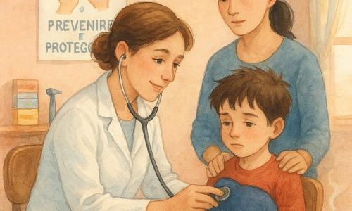 Una dottoressa dal viso dolce e sorridente, capelli castani raccolti in un chignon morbido, occhi attenti e mani delicate, indossa un camice bianco leggero e appoggia lo stetoscopio sul petto di un bambino; Tobia, circa 5 anni, capelli castani arruffati, tiene stretta una peluche-aquila balena blu scuro seduto su una sedia per bambini vicino alla scrivania, un po' stanco ma coraggioso; la madre di circa 30 anni, capelli neri raccolti, sta dietro con la mano sulla spalla, rassicurante; sul muro un poster colorato mostra mani che si lavano e la frase 