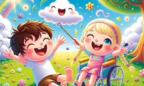 Leo es un niño de 8 años, con cabello castaño desordenado y ojos chispeantes de travesura. Está tumbado en la hierba verde, riendo a carcajadas, con los brazos extendidos, como si estuviera listo para volar. A su lado, Sara, una niña de 7 años, está sentada en su bonita silla de ruedas decorada con flores coloridas. Tiene el cabello rubio trenzado y una sonrisa radiante, levantando la mano para saludar a una gran nube traviesa. El lugar es un campo soleado, salpicado de flores multicolores, con árboles de troncos en espiral y hojas brillantes que parecen bailar al viento. El cielo es de un azul brillante, salpicado de nubes en forma de caramelos, y un arcoíris brilla a lo lejos. La situación principal muestra a Leo y Sara jugando a la "siesta mágica". Cierran los ojos, imaginando que vuelan sobre una nube suave y esponjosa, rodeados de risas y colores brillantes, mientras la nube les hace reír con cosquillas encantadas.
