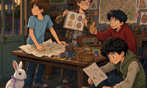 Há cinco personagens: Tomás, menino de 11–12 anos, cabelo castanho bagunçado, camiseta azul-clara e jeans, segura um mapa amassado sobre a mesa e olha pela janela à esquerda; Davi, menino de 11–12 anos, cabelo preto curto e sorriso maroto, moletom vermelho, sentado à direita oferecendo um biscoito em forma de coelho; Léo, menino de 11–12 anos, cabelo castanho-claro, óculos redondos e camisa xadrez, em pé atrás da mesa mostrando um caderno com ovos decorados; Caio, menino de 11–12 anos, cabelo preto encaracolado, colete cáqui e relógio, prende uma corda lilás a uma pequena caixa e segura uma folha de plano; e um pequeno coelho branco de pelo fofo com fita lilás ao pescoço junto à porta‑janela. O cenário é uma garagem transformada em quartel‑general, iluminada pela luz quente do fim de tarde entrando por uma janela empoeirada; uma grande mesa no centro com pincéis, potes de tinta, papel colorido e um rádio antigo, paredes com cartazes e um mapa do bairro. A cena mostra os quatro amigos preparando uma caça aos ovos de Páscoa num clima alegre e de preparação, com o coelho real à porta como convite à aventura e uma fita lilás no chão em primeiro plano.